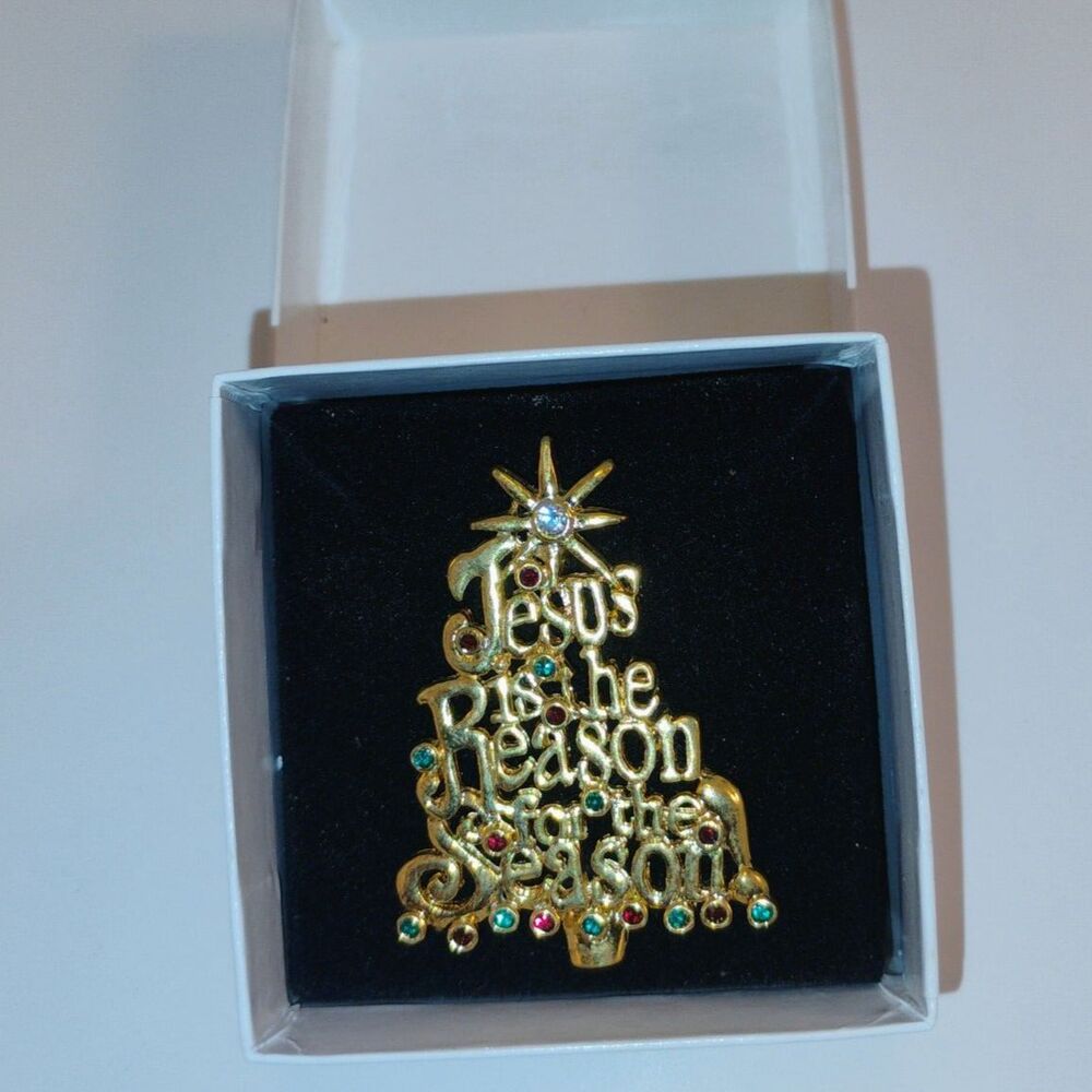 Vintage Christmas Tree Brooch “Jesus Is the Reason for the Season” +  NOS